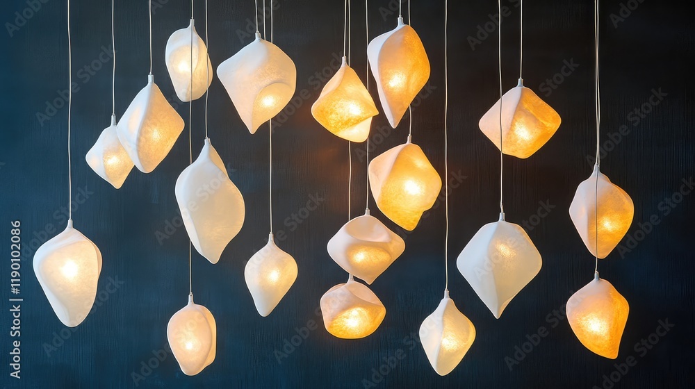 Poster abstract custom shaped lights floating against a dark background with room for text in the top right
