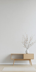 Minimalist interior design featuring a wooden console table and decorative vase in a serene setting