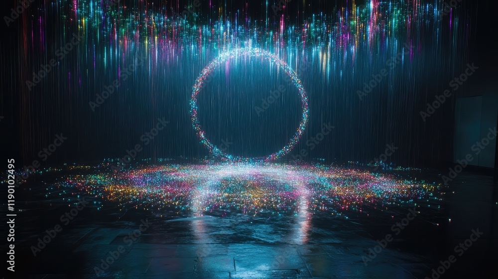 Poster abstract shapes formed by colorful lights swirling across a dark canvas, with an open space for copy