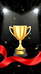 Shiny golden trophy with spotlight and ribbon