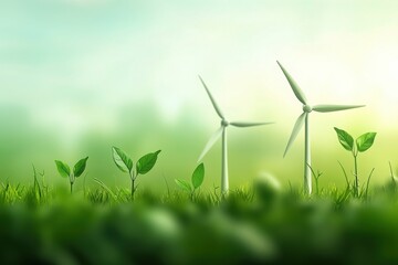 Animated animals planting trees around spinning wind turbines in nature cartoon style eco-friendly concept