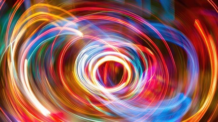 Abstract scene of swirling colorful lights in different shades, creating a futuristic, dynamic atmosphere with ample space for text