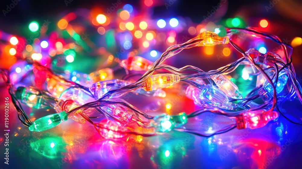 Poster abstract view of decorative string lights reflecting on a glossy surface, creating a magical and art