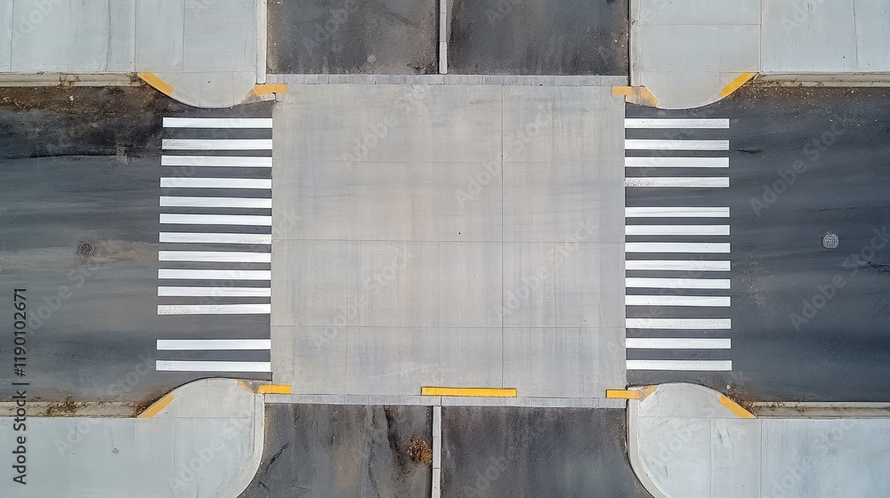 Poster aerial view of an empty crosswalk surrounded by dense urban development, featuring clean lines and a