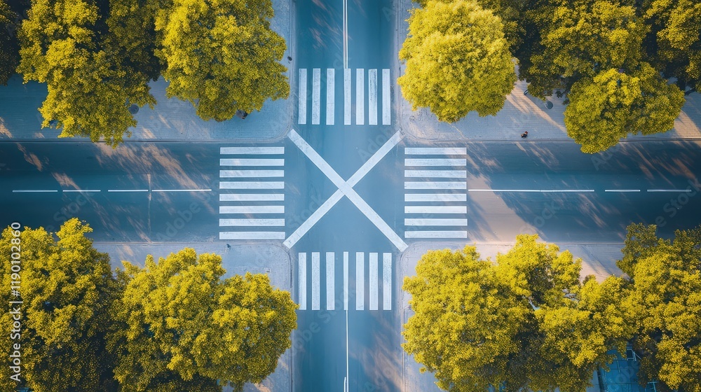 Aufkleber aerial view of a four-way crosswalk intersection in an urban area, with sharp geometric patterns and