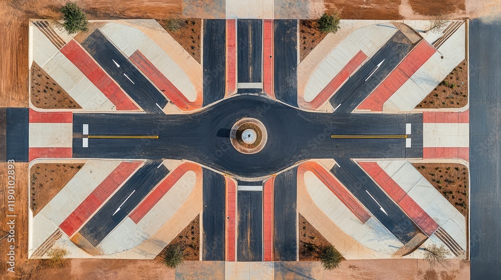 Poster aerial view of a large intersection with multiple crosswalks, showing intricate patterns and urban s