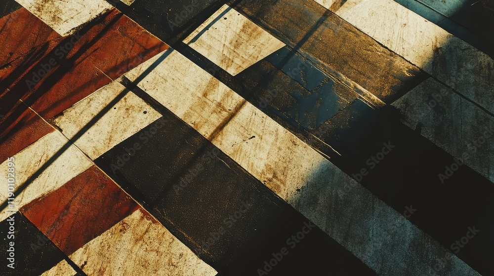 Poster aerial view of a four-way crosswalk intersection in an urban area, with sharp geometric patterns and