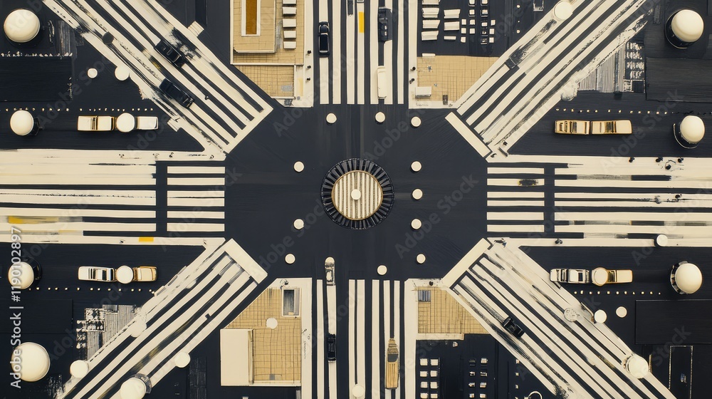 Poster aerial view of a large intersection with multiple crosswalks, showing intricate patterns and urban s