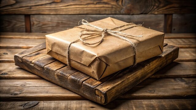 Old brown paper package wrapped in twine with a worn wooden crate at its base, natural, old,  natural, old, worn, bundle