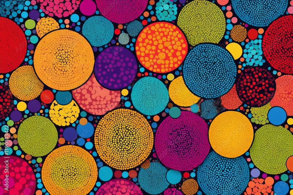 Poster abstract background with big vibrant colorful circles and seamless pattern