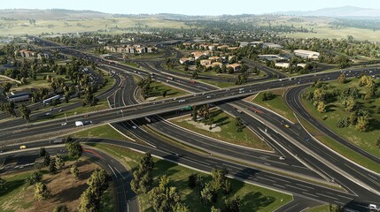 Naklejka premium Aerial view of a sprawling urban highway network with clean roads and visible traffic lanes, ideal for infrastructure-themed designs