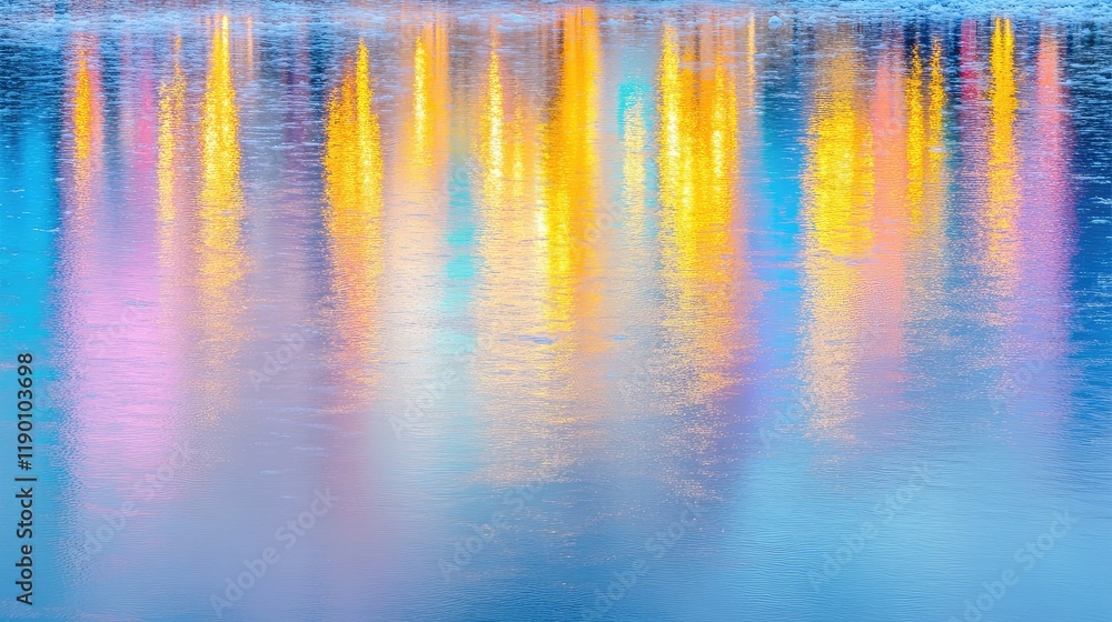 Poster an abstract view of colorful christmas lights reflecting on a snow-covered surface, creating a vibra