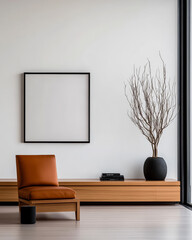 Modern minimalist interior design showcasing a chair and decorative branch arrangement