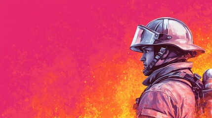 Obraz premium Firefighter in Action with Vibrant Background Colors and Flames