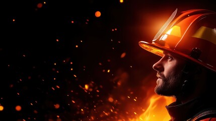Naklejka premium Profile of Firefighter in Helmet Amidst Flames and Sparks at Night