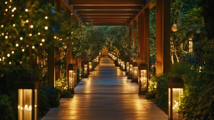 Obraz premium An elegant garden pathway illuminated by modern outdoor lights, creating a chic and tranquil ambiance