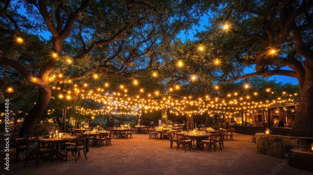 Poster an outdoor event space lit by soft glowing string lights, with blurred trees in the background and a
