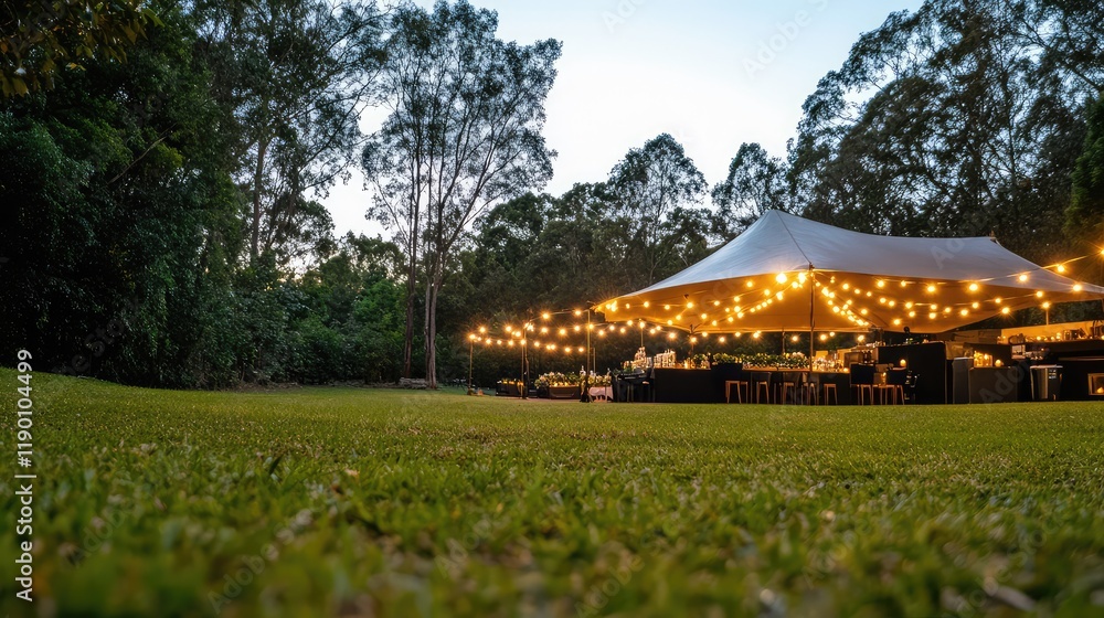 Poster an outdoor event space lit by soft glowing string lights, with blurred trees in the background and a