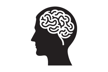 Human head profile with brain symbol, black icon vector illustration 