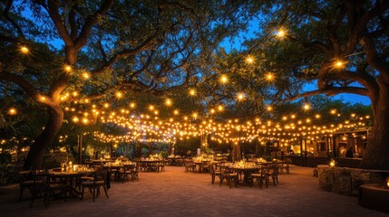An outdoor event space lit by soft glowing string lights, with blurred trees in the background and ample copy space