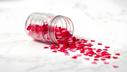 Valentine's Day Heart Confetti in Decorative Glass Jar - Romantic Flat Lay