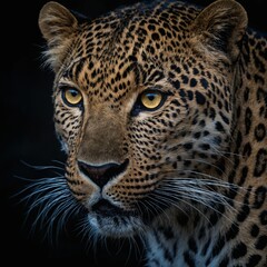 Obraz premium A leopard's eyes glowing in the darkness, its gaze piercing through the night like twin beacons of predatory hunger.