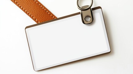 Blank white name tag with brown leather strap and metal clip on white background.