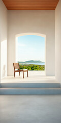 Fototapeta premium Minimalist interior with a wooden chair and a scenic view of nature in daylight