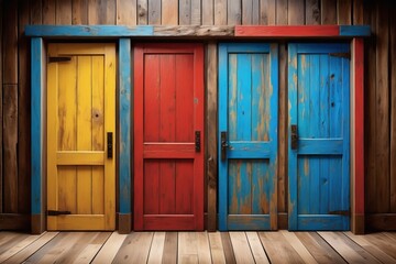 An old three colorful wooden doors with vintage details on a wooden wall