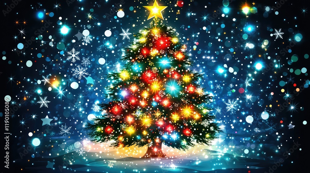 Poster a bright tree covered in sparkling lights, with a star on top, glowing against a dark backdrop with 