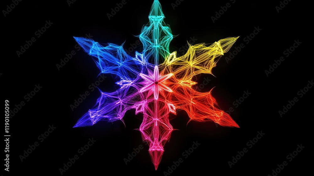 Poster a burst of vibrant multicolored lights arranged in a star-like pattern, glowing against a black back