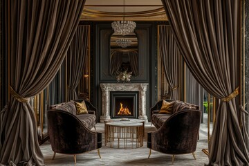 A luxurious living room with velvet furnishings, gold accents, and a marble fireplace, framed by tall, elegant drapery