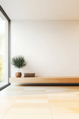 Minimalist interior design featuring a wooden bench and potted plant in a bright space