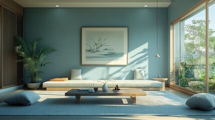 A serene, uncluttered living room with a calming blue-toned wall, offering a peaceful environment with light, modern furniture to enhance relaxation and comfort. 