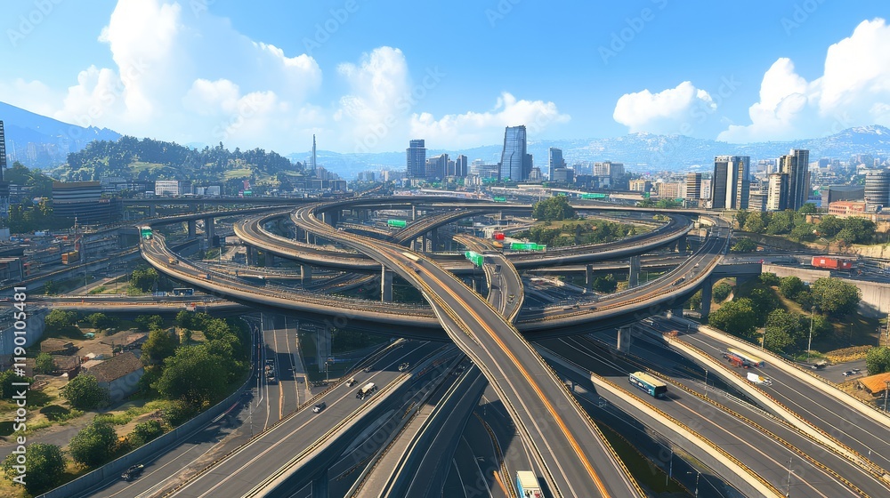 Poster a clean freeway interchange with multiple overpasses and symmetrical lanes surrounded by modern urba