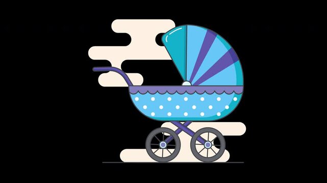 A colorful baby stroller with a blue canopy and polka dots against a minimalist flat background.