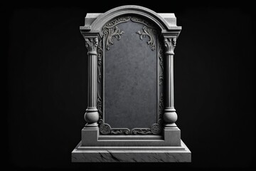 Antique gravestone with dark background, showcasing a classical architectural style