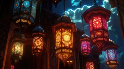 Obraz premium A close-up of glowing lanterns floating in the sky, with intricate designs and space for copy in the top corner
