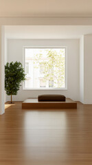Fototapeta premium Modern minimalistic interior design featuring a cozy seating area near a large window