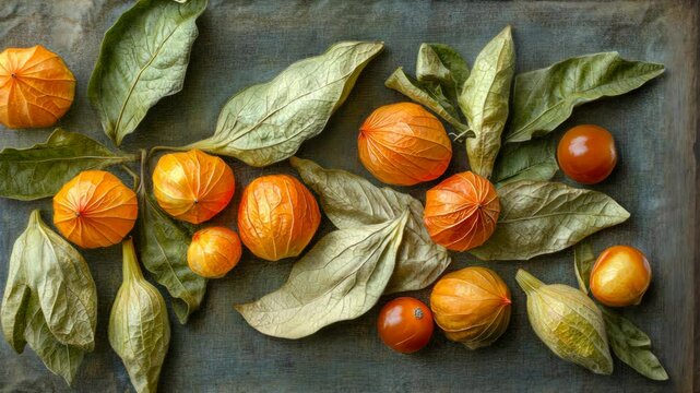 Colorful arrangement of ripe physalis fruit and green leaves on a textured surface in natural light