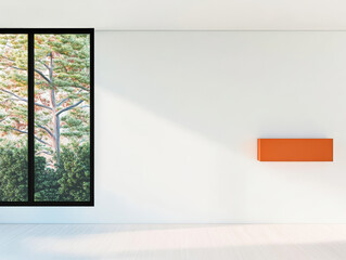 Modern interior featuring large window with a view of greenery and an orange wall shelf