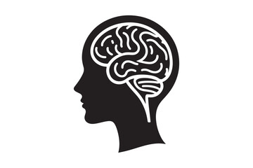 Obraz premium Human head profile with brain symbol, black icon vector illustration 