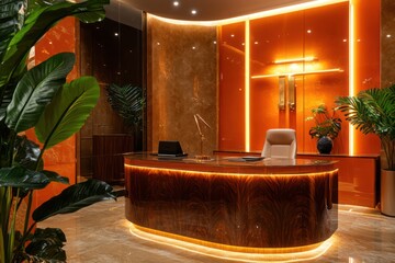 A luxurious office with high-end finishes, a polished desk, and ambient LED lighting