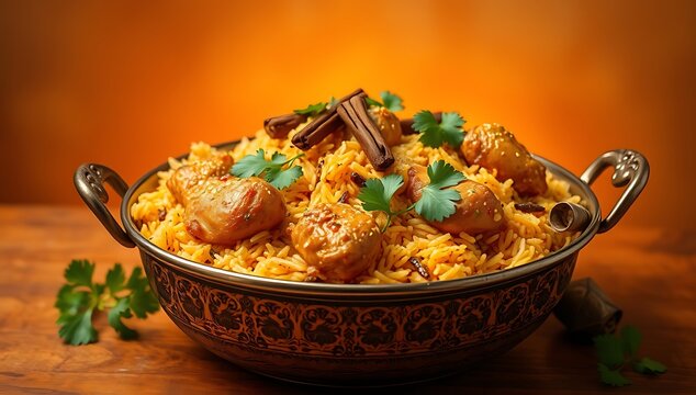 Delicious chicken biryani in ornate bowl.