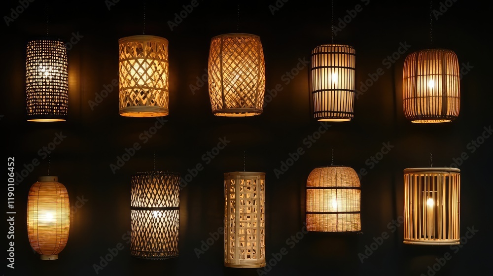 Poster a collection of bamboo lanterns glowing in various shapes and sizes, illuminating the night with roo