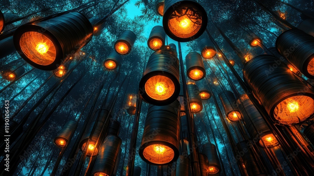 Poster a collection of bamboo lanterns glowing in various shapes and sizes, illuminating the night with roo