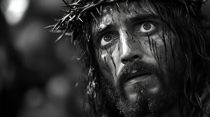 jesus christ with crown of thorns on his head black and white