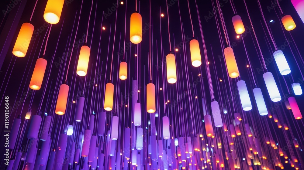 Fototapete a colorful light installation with soft, glowing lights arranged in rows against a dark backdrop wit