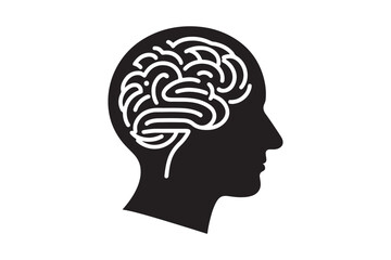 Human head profile with brain symbol, black icon vector illustration 