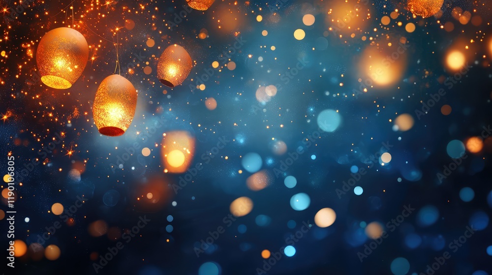 Poster a dark sky with floating lanterns casting soft, golden light, creating space for text in the lower c